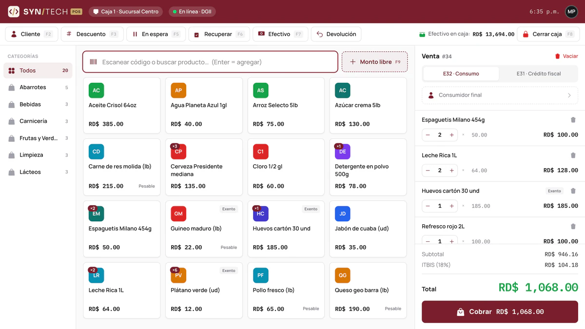 Pantalla de la caja de SyntechPOS con una venta en curso: productos, total y botón de cobrar